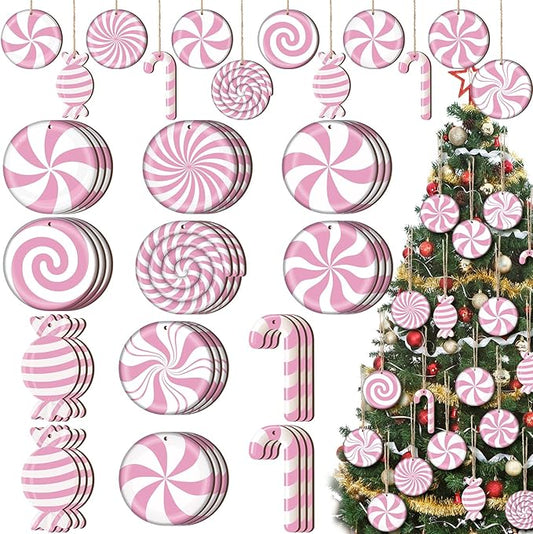 Qunclay 36 Pieces Candy Cane Christmas Ornaments Wood Hanging Lollipop Ornaments Wood Cutouts Peppermint Christmas Decor for Xmas Tree Home Decoration Party Supplies
