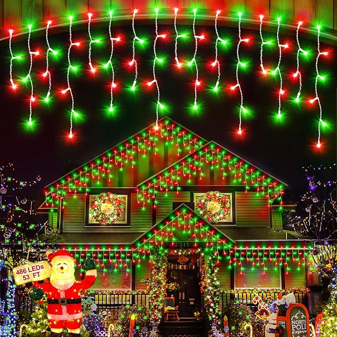 Christmas Lights Outdoor Red Green, 53 FT 486 LED Christmas Lights for Outside, Timer & Memory, Plug in 8 Modes Hanging Fairy Light with 108 Drops for House Eaves Yard Patio Decorations