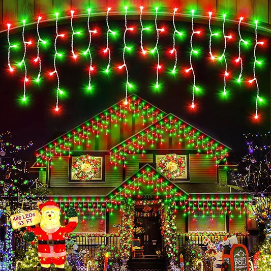 Christmas Lights Outdoor Red Green, 53 FT 486 LED Christmas Lights for Outside, Timer & Memory, Plug in 8 Modes Hanging Fairy Light with 108 Drops for House Eaves Yard Patio Decorations