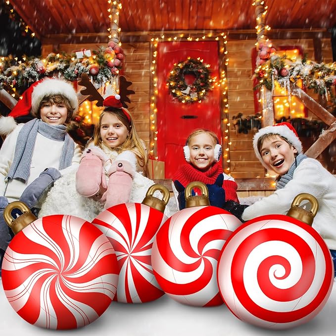 Jetec 4 Pcs Giant Inflatable Christmas Ball Large Xmas Inflatable Ornaments PVC Outdoor Holiday Blow Ball Outside Yard Lawn Porch Decorations (Candy,Red,White)
