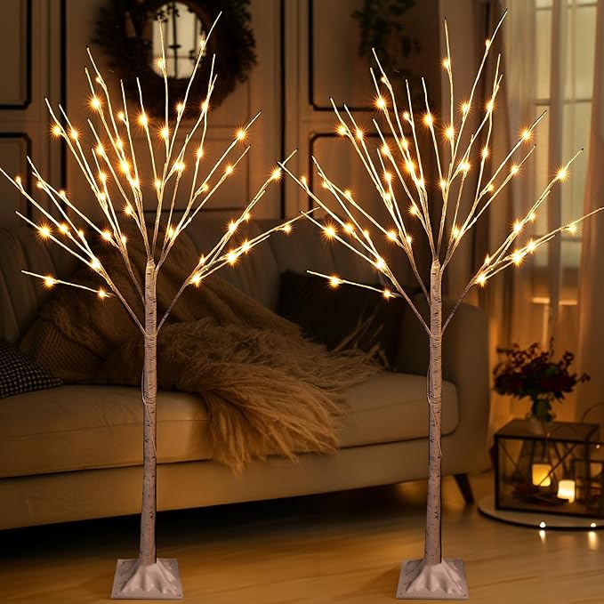 TW SHINE 2 Pack Lighted Birch Tree, 4 FT Total 96 LED Pre-lit Artificial Christmas Trees for Thanksgiving Christmas Decorations Indoor Outdoor Home Festival Wedding Party, Warm White