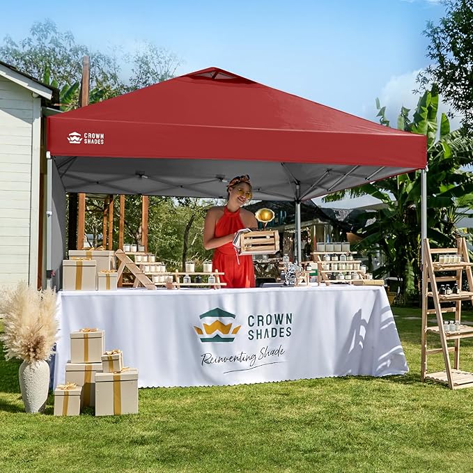 CROWN SHADES 12x12 Pop Up Canopy Tent Instant Commercial with 150D Silver Coated Fabric Including 1 Removable Sidewall, 4 Ropes, 8 Stakes, Weight Bags, STO 'N Go Bag, Red