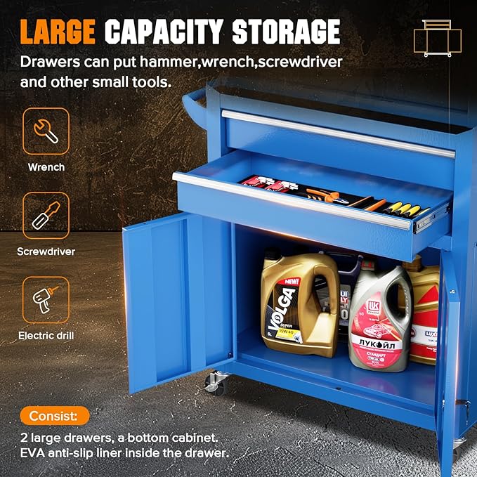 Crownland 8-Drawer Rolling Tool Chest with Wheels, Lockable 2 in 1 Detachable Tool Cabinet wit Drawers and Black Liners, Garage Top Toolbox & Bottom Storage Cart with Side Hooks(Blue)