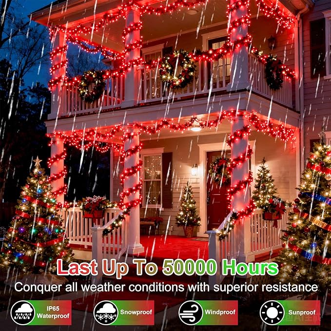 340 LED 90FT Christmas String Lights Outdoor, 12 Pro Modes and Timer Memory & Brightness, Plug in Waterproof Dark Green Wire Twinkle Light for for Xmas Yard Tree Wedding Party Decor (Red)