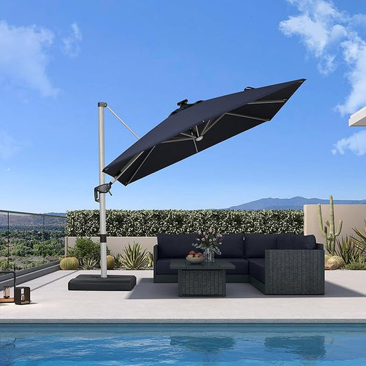 PURPLE LEAF Patio Umbrella with base 10 Feet Outdoor Square Cantilever Umbrella Solar Powered LED with 360-degree Rotation for Garden Deck Pool Patio, Navy Blue