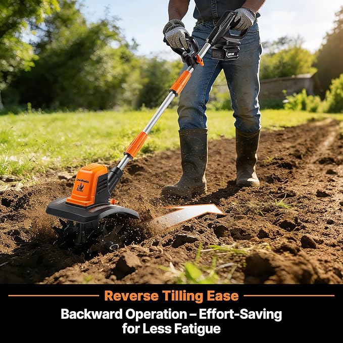 LawnMaster 24V MAX Cordless Tiller Cultivator, Lightweight Electric Garden Tiller, with 1* MAX 24V 4.0ah Battery&Charger, 4* Blade, 9In Tilling Width & 7In Depth for Weeding, Gardening & Cultivation