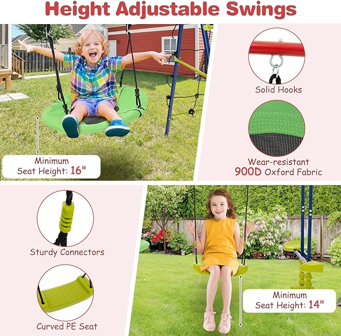 Costzon Swing Sets for Backyard, 6 in 1 Heavy-Duty Metal Swing Set with 2 Swings, Glider, Basketball Hoop, Climbing Ladder and Net, Playground Sets for Backyards, Outdoor Playset for Kids 3+ (Red)