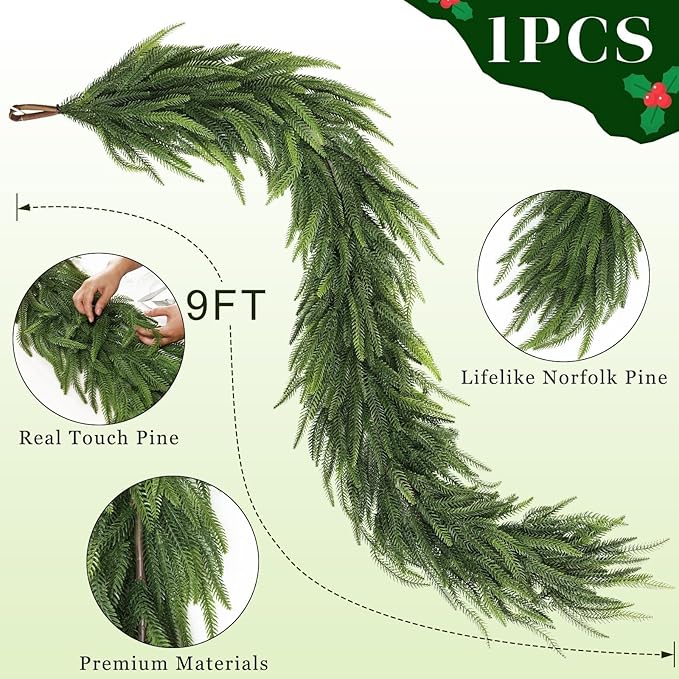 Christmas Norfolk Pine Garlands - 9ft Artificial Garland Faux Green Fake Pine Needles Garland for Fireplace,Table,Window,Stairs,Mante,Holiday Indoor Outdoor Xmas Decor(1PCS)
