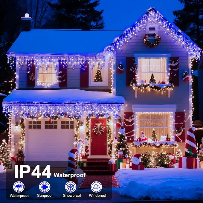 XURISEN 66ft Christmas Lights Decorations Outdoor, 640 LED 8 Modes Curtain Fairy Lights with 120 Drops,Plug in Waterproof Timer Memory Function for Christmas Holiday Wedding Party Decor(Blue+Cool)