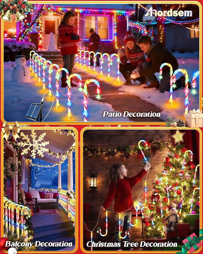 Anordsem Solar Christmas Decorations Outdoor: 21" Candy Cane Stake Lights 24 Pack - Waterproof LED 8 Colorful Lighting Models for Yard Garden Pathway Xmas Decor - 2026 New Year Gifts for Homeowners