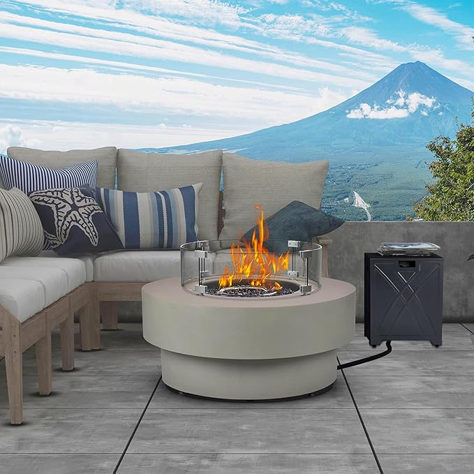 32.5-inch Outdoor Gas Fire Pit with 20lb Propane Tank Cover Table & Wind Glass Shield,50,000BTU Propane Gas Fire Pits for Outside Patio w/Round Burner Lid, Glass Rocks