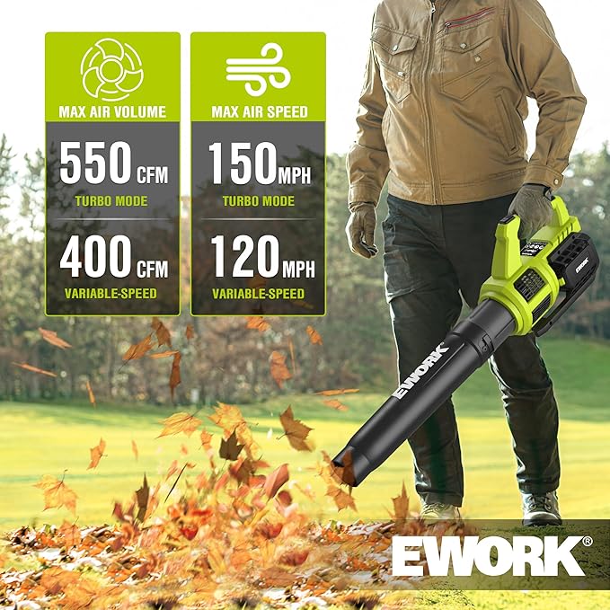 EWORK 21V Cordless Leaf Blower, Powerful Turbo Mode & 550 CFM, 2¡¿3.0Ah Batteries & Fast Charger, Lightweight Electric Leaf Blowers for Lawn Care, Patio, Leaves & Dust