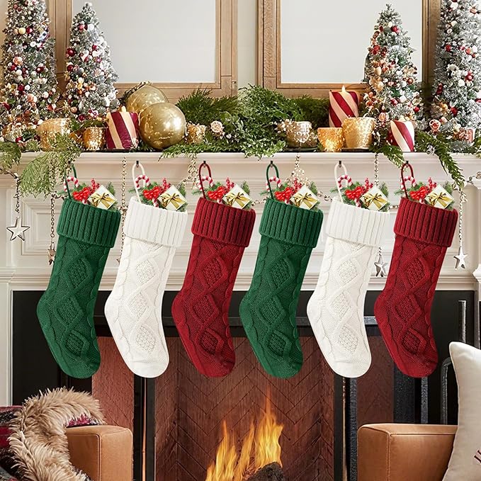 Christmas Stockings 18 Inches,Long Knitted Socks Christmas Decoration Hanging Stocking Fireplace Xmas Tree Stocking for Home Family（2red+2white+2green）
