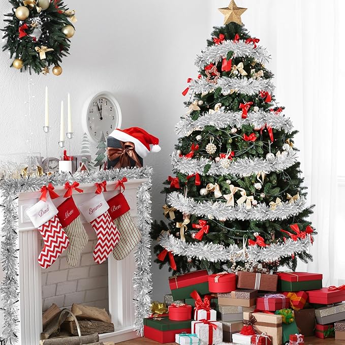 LEASEN 50 Feet Silver Metallic Twist Shiny Christmas Tinsel Garland Decorations for Xmas Tree, Stairs, Fireplace & More