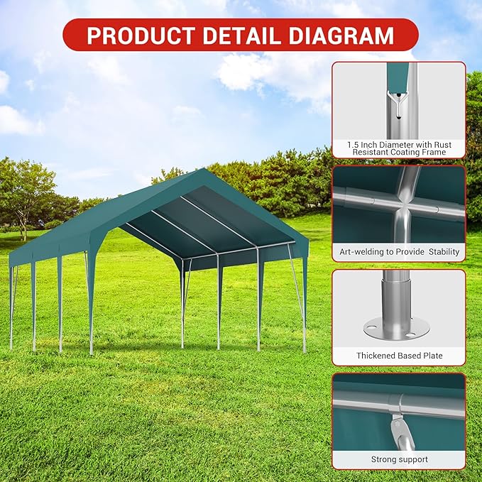 13x20FT Industrial-Strength Portable Carport, Waterproof Outdoor Canopy Shelter with Sturdy Steel Frame, Adjustable Height for Vehicle Boat Storage
