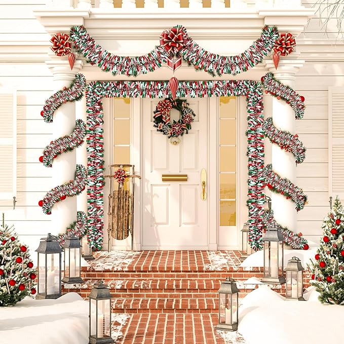 50Ft Christmas Tinsel Garland, Red Grenn Silver Metallic Twist Garland for Xmas Tree Decorations, Tinsel for New Year Party Ceiling Hanging Decorations Indoor and Outdoor Decor