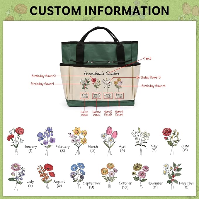 Personalized Garden Tools Set for Women: Custom Text Garden Tool Bag and Garden Shovel & Transplant Shovel & Hand Rake - Gardening Gifts for Mom Grandma Gardening Lover (4 Flowers)