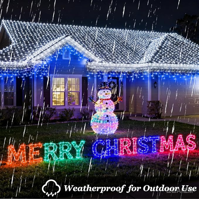 810 LED Christmas Lights Outdoor Indoor, 82ft Blue & White String Lights with 180 Drops, 12 Modes Dimmable Curtain Lights with Timer, Waterproof Twinkle Fairy Lights for Bedroom Window Xmas Decor