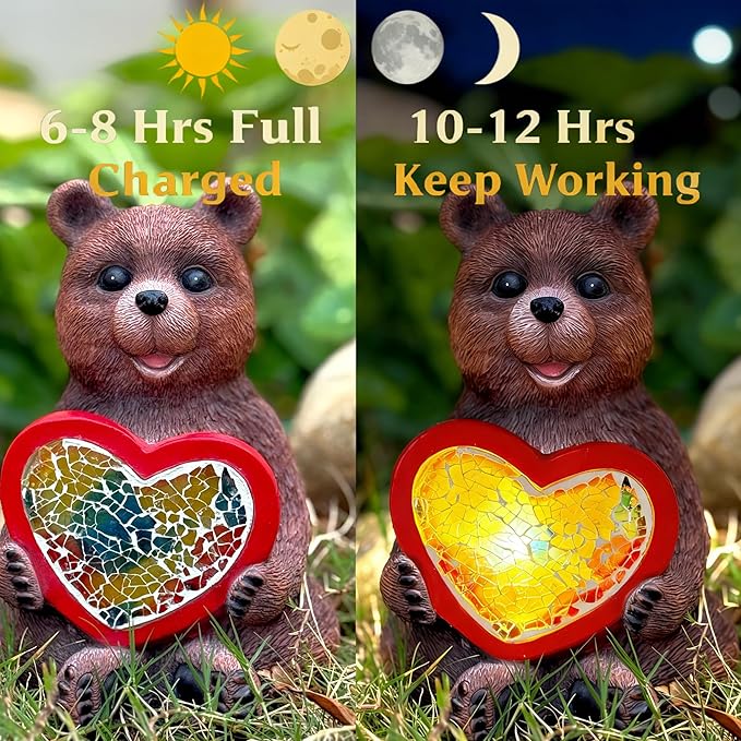 Solar Brown Bear Statue, Outdoor Garden Decor with Colorful Mosaic Glass, Solar Powered Automatic Night Light for Yard, Patio, Pathway, Unique Wildlife Animal Sculpture Gift