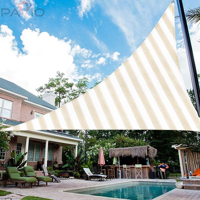 Patio Paradise 19' x 19' x 19' Sun Shade Sail Triangle Canopy Shade Cloth Fabric Sunlight Block Patio Pergola Cover HDPE Deck Awning for Outdoor Backyard Roof Shading, Beige White Strip