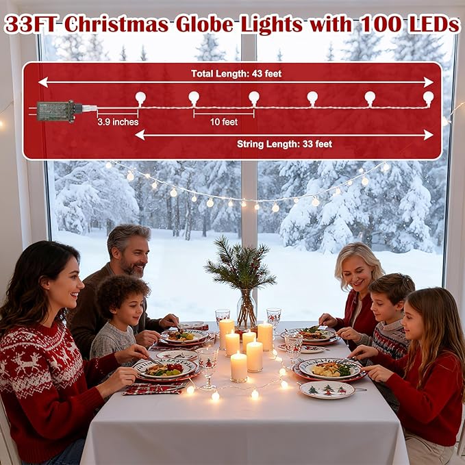 33FT 100LED Christmas Globe Lights Plug in 8 Modes with Remote,Indoor Outdoor Christmas Fairy Lights for Bedroom Party Wedding Garden Christmas Tree Decor(Warm White)
