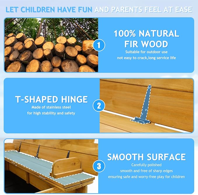 Kids Sandbox with Lid, Wooden Sand Box with Cover Outdoor, UV-Protection & Natural Wood, Foldable Bench Seat, Adjustable Canopy, Sand Box for Kids Ages 2-8£¨47x47in£©