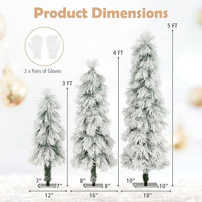 GOFLAME Set of 3 Pre-lit Christmas Tree, Snow Flocked Artificial Xmas Trees 3Ft, 4Ft and 5Ft with Warm White LED Lights, Pine Needles and Metal Base, Holiday Decoration Tree for Home Office Party