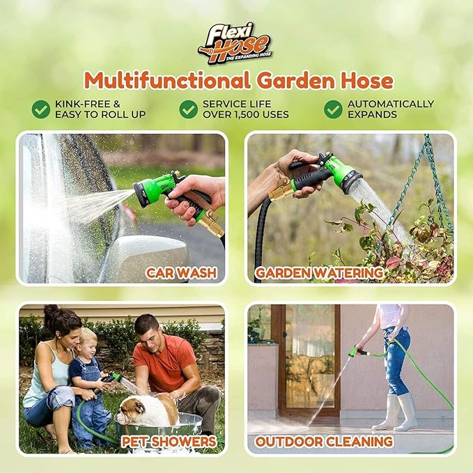 Flexi Hose Expandable Garden Hose with 8 Function Nozzle, 75FT - Lightweight Retractable Garden Hose, Water Hose - No-Kink Flexibility, 3/4 Inch Solid Brass Fittings and Double Latex Core