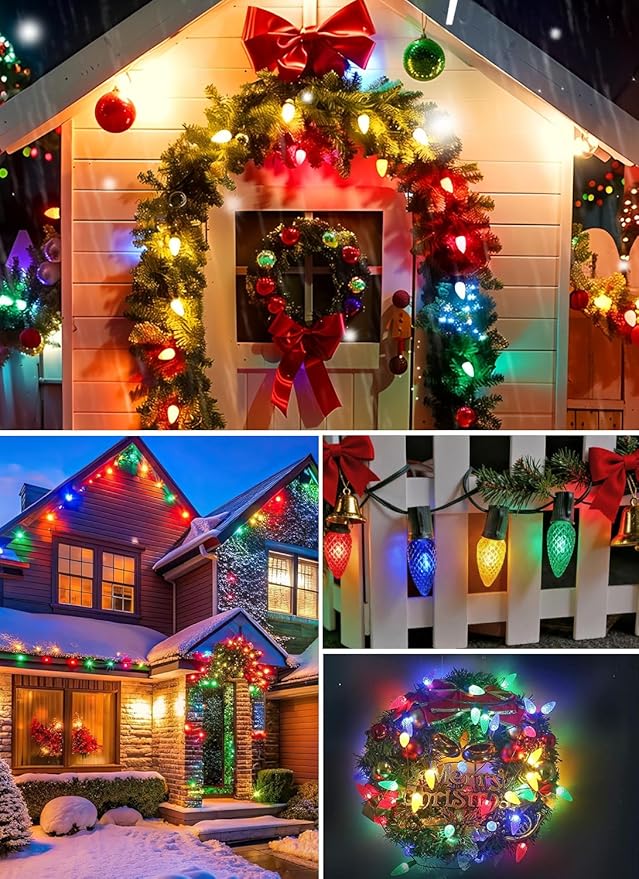 Vintage C9 LED Christmas Lights Outdoor, 50 Feet String Lights with 52pcs Shatterproof C9 Bulbs, Waterproof Connectable Commercial Christmas Tree Lights for Outside Roofline Patio Decor, Multicolor