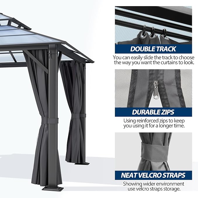 COVERONICS 12FT x 14FT Patio Polycarbonate Hardtop Gazebo with Steel Frame - Outdoor Translucent Double Roof Gazebo with Netting & Curtains for Lawn, Garden, Backyard, Poolside