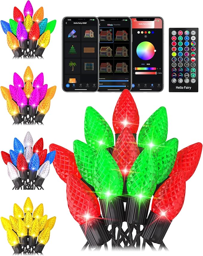 Smart C9 Christmas Lights Outdoor RGB, 66Ft 100 LEDs Dynamic C9 String Lights DIY Chasing Effects APP Remote Controlled, Waterproof, Music Sync, Connectable Tree Lights for Roofline Fence Decoration
