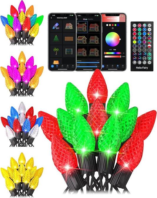 Smart C9 Christmas Lights Outdoor RGB, 66Ft 100 LEDs Dynamic C9 String Lights DIY Chasing Effects APP Remote Controlled, Waterproof, Music Sync, Connectable Tree Lights for Roofline Fence Decoration