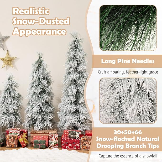 GOFLAME Set of 3 Pre-lit Christmas Tree, Snow Flocked Artificial Xmas Trees 3Ft, 4Ft and 5Ft with Warm White LED Lights, Pine Needles and Metal Base, Holiday Decoration Tree for Home Office Party