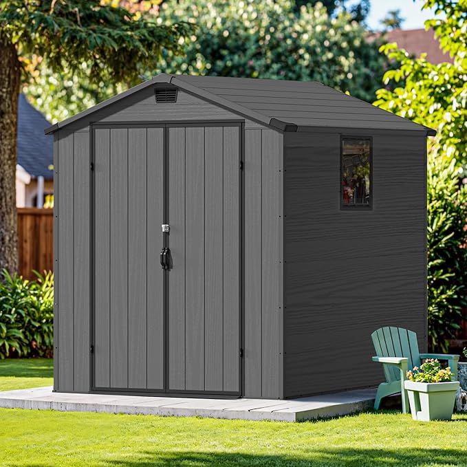 Devoko 6x6 FT Plastic Outdoor Storage Shed - Lockable Resin Tool Shed with Window & Floor - Easy Assembly for Garden, Backyard, Deep Gray