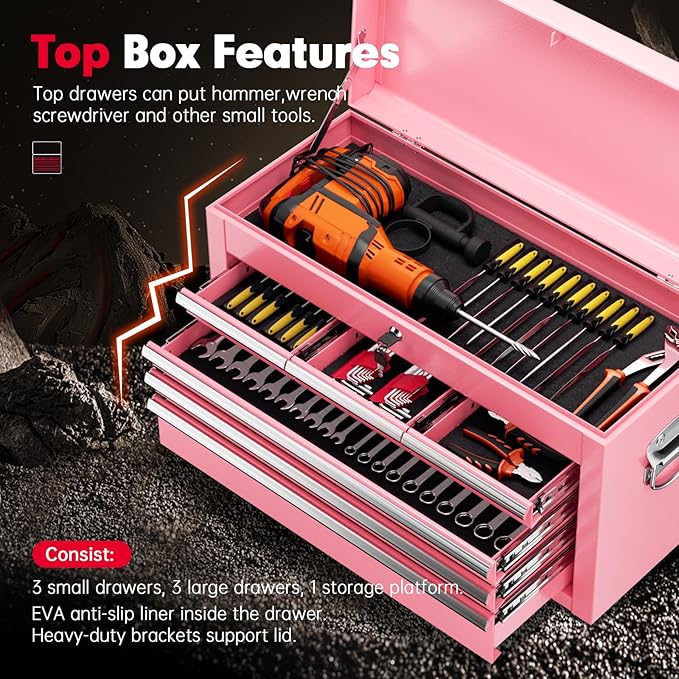 Superday Metal Tool Chest, 8 Drawer Rolling Tool Chest with Wheels, Detachable Tool Storage Cabinet with Lock for Garage, Steel Tool Cart with Liner & Hooks for Workshop, Warehouse (Pink)