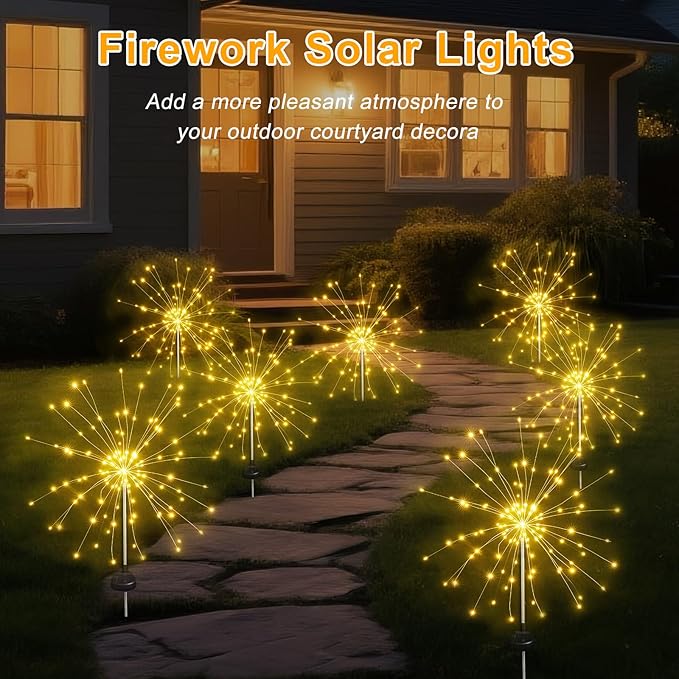 Solar Garden Firework Lights Outdoor Waterproof, 6 Pack Solar Lighting with 8 Lighting Modes, 120 LED Sparklers String Lights for Outside Decor Yard Pathway Decorations(Warm)