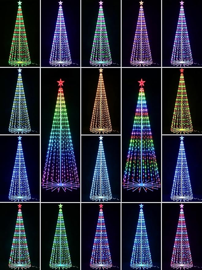 Flacchi Smart Christmas Cone Tree Lights - Star Tree Topper with Removable Bracket, App Control, Sync with Music, Waterfall Colored Lights for Indoor Outdoor Xmas Decorations (9.8FT/ Rope Lights)