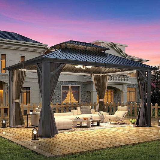 GARTOO 12'x14' Outdoor Hardtop Gazebo with Double Roof - Heavy-Duty Galvanized Steel Top Aluminum Frame Gazebo with Breathable Netting & Privacy Curtain for Patio, Porch, Garden, Lawn, Deck, Backyard