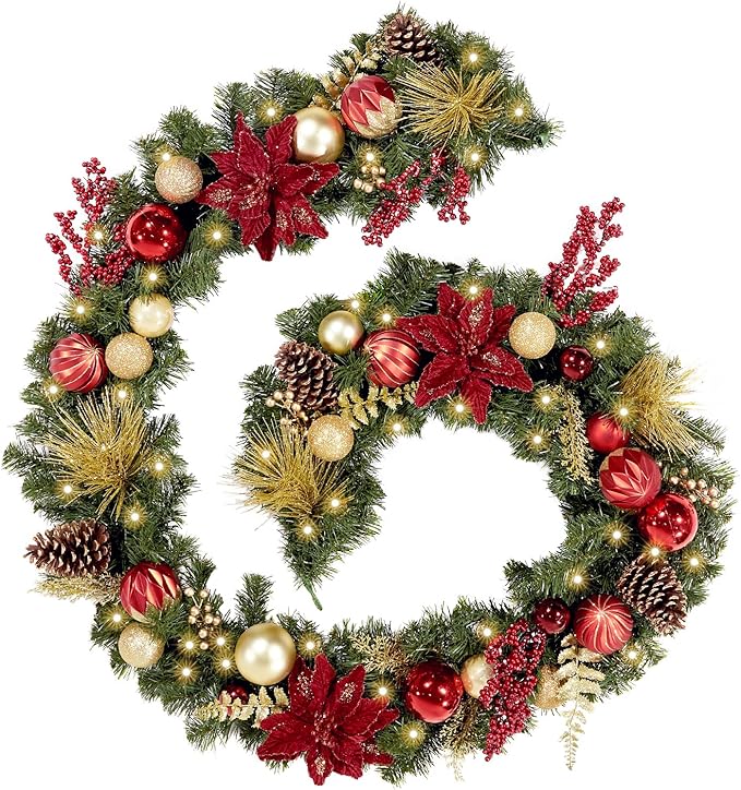 WBHome Pre-lit 9 Feet/108 Inch Christmas Garland Classic Red&Gold Themed with 50 LED Lights Holiday Decorations, Battery Operated (Batteries NOT Included)