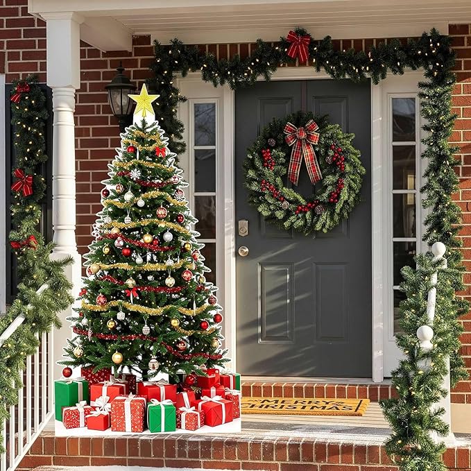 Christmas Tree Cardboard Cutouts, 4mm Corrugated Plastic Standee Decorations, Indoor Outdoor Xmas Yard & Party Décor, Photo Booth Prop, 3FT