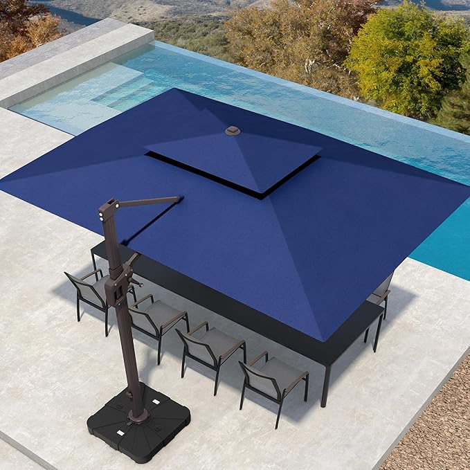 10' X 13' Patio Umbrella with Base Included Outdoor Large Rectangle Offset Cantilever Umbrellas Double Top Heavy Duty Windproof with 360-degree Rotation for Pool Garden Deck, Navy