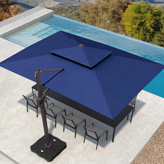 10' X 13' Patio Umbrella with Base Included Outdoor Large Rectangle Offset Cantilever Umbrellas Double Top Heavy Duty Windproof with 360-degree Rotation for Pool Garden Deck, Navy