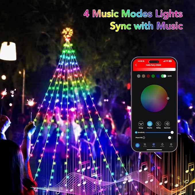 16.4FT Smart RGB Christmas Waterfall Lights with Star, APP & Remote Control, DIY Custom Light Show & Music Sync, Timer, 245 LEDs Color Changing Outdoor Decor for Xmas, Yard, Party