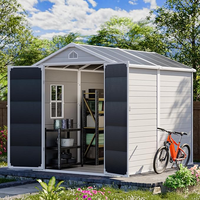 HUSFU 8x6 FT Outdoor Storage Shed with Floor and Lockable Door,Waterproof Resin Tool Shed for Garden, Backyard, Patio,Perfect to Store Patio Furniture,Light Grey