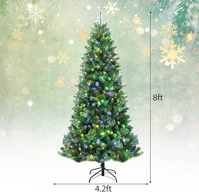 GOFLAME 8ft Artificial Christmas Tree, Pre-lit Xmas Tree 9 Lighting Modes w/ 1605 PVC Branch Tips & 600 Color-Changing LED Lights, Holiday Festival Decoration Tree with Remote Control and Metal Stand