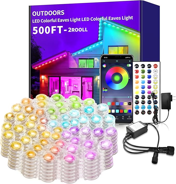 500ft Permanent Outdoor Light, RGB Smart Outdoor eave Lights with APP & Remote Control,timed Music synchronisation IP67 Waterproof LED eave Light,Suitable for Party,Halloween,Christmas,Rooftop,Garden