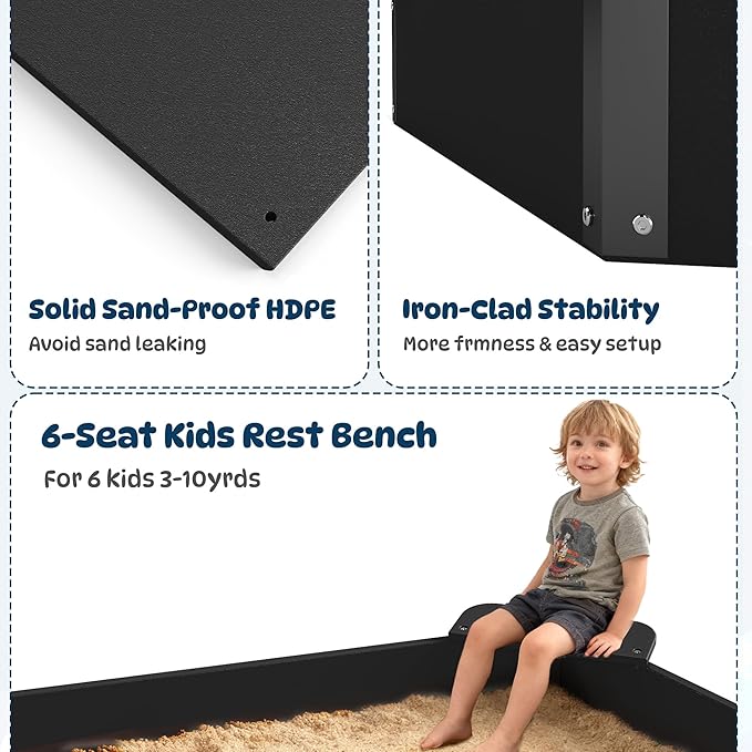 FOOWIN Hexagonal Outdoor Sandbox with Cover for Kids, HDPE Large Sandpit w/6 Benches, for Aged 3-12 Years Old, Sand Box for Children, Bottom Liner,Black