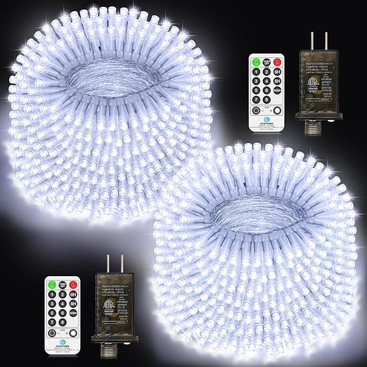 2 Pack 403 FT 1000 LED Christmas Lights Outdoor Fairy Lights Plug in Extra Long Clear Wire String Lights with Remote Timer 8 Modes for Outside House Tree Garden Wedding Party Decorations-Cool White