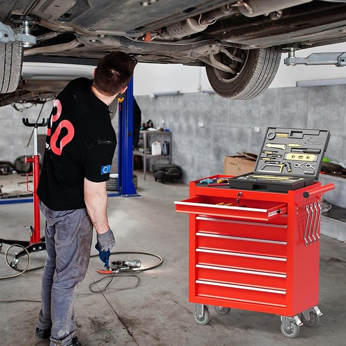 7 Drawers Rolling Tool Box, Portable Storage Tool Chest with Wheels, Toolbox with Lock for Warehouse, Garage, Repair Shop and Tool Room (Red)