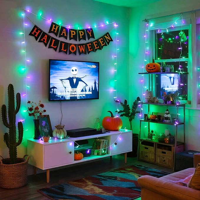JMEXSUSS 2 Pack Purple and Green Halloween Lights, Total 200 LED 8 Modes Halloween String Lights Plug in, Each 33ft Connectable Christmas Lights Indoor Outdoor for Tree Porch Fireplace Decor